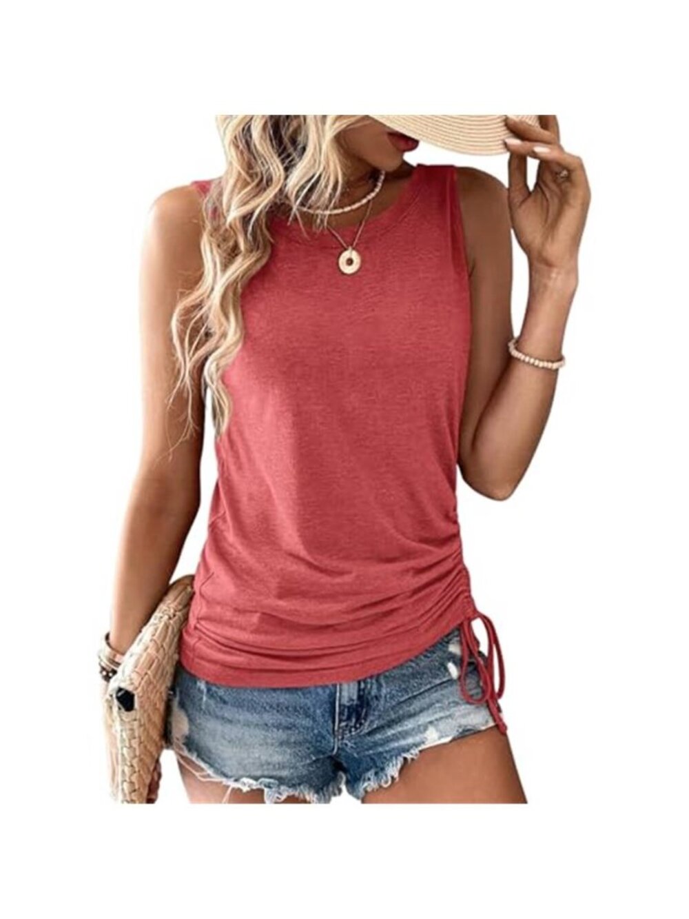 Womens Rose Red Crew Neck Tank Top Sleeveless Drawstring Side Cinch Summer Basic
